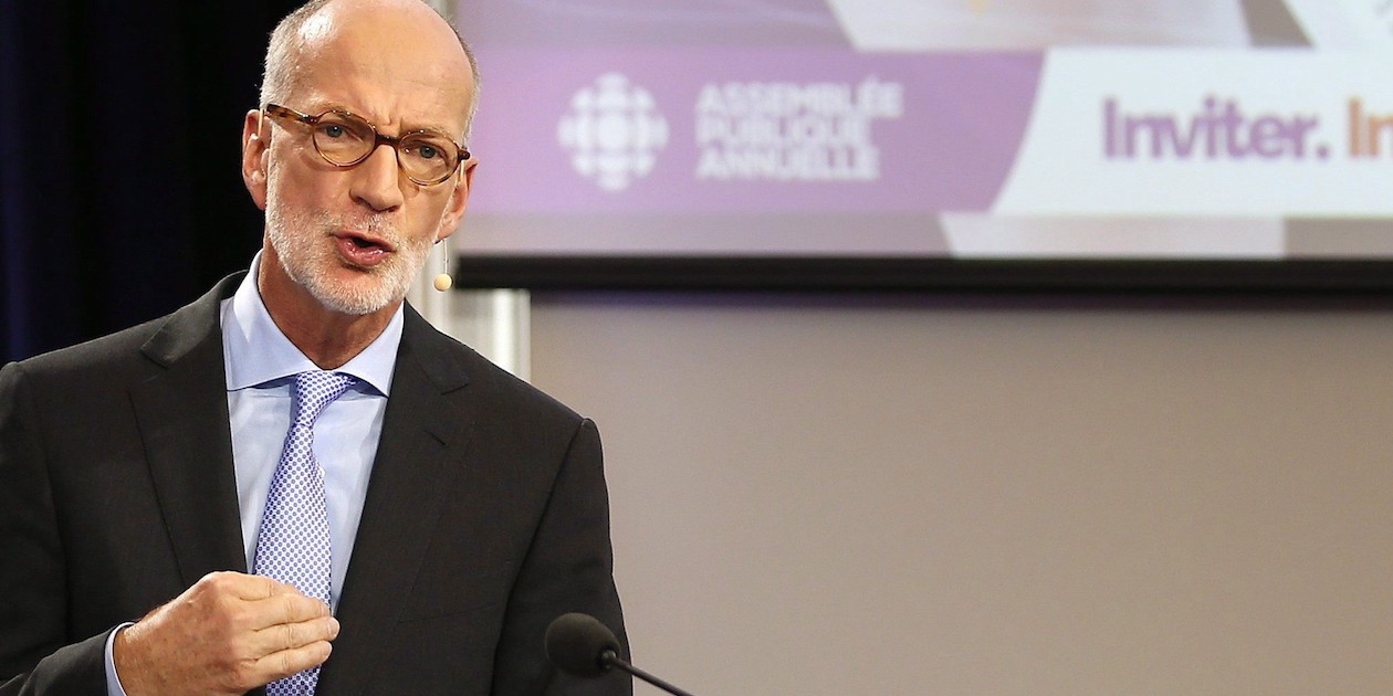 Hubert Lacroix, President and CEO of CBC/Radio Canada, speaks at their annual public meeting at the University of Winnipeg in Winnipeg, Tuesday, September 29, 2015. THE CANADIAN PRESS/John Woods