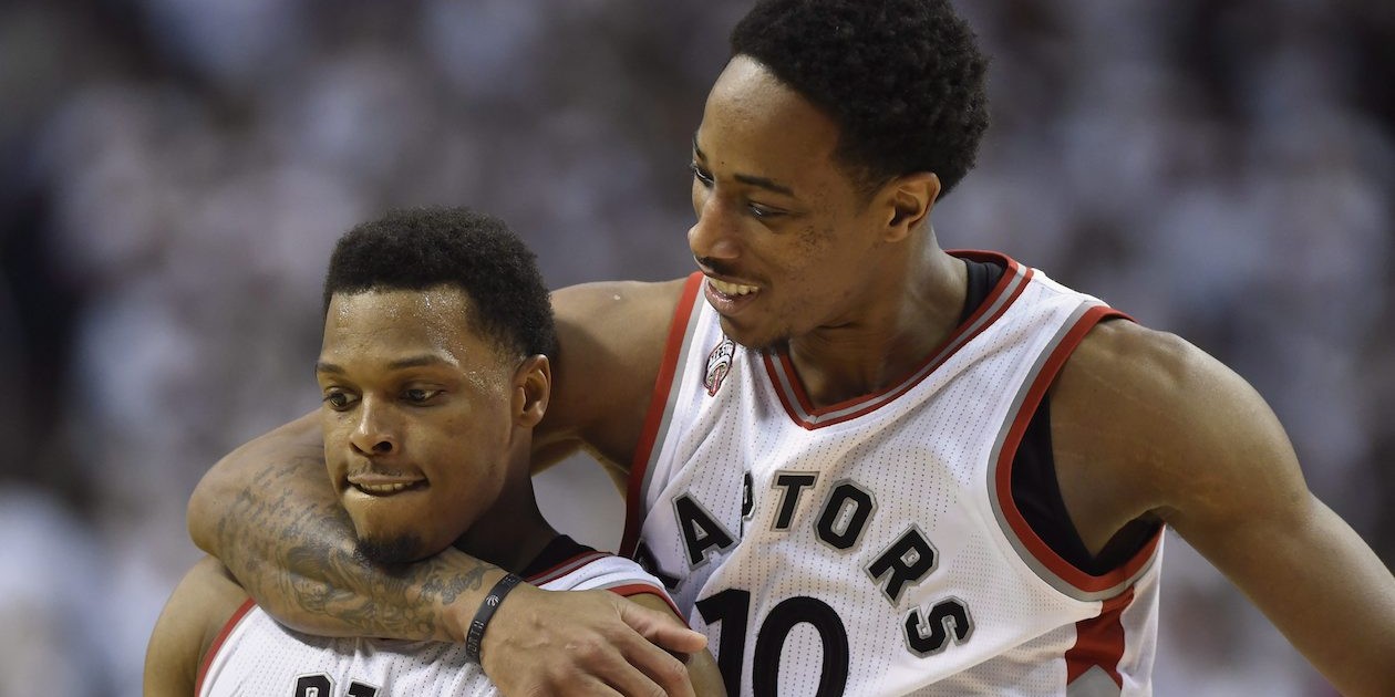 Toronto Raptors' DeMar DeRozan (right) and Kyle Lowry celebrate during timeout in the fourth quarter of Eastern Conference semifinal NBA playoff basketball action against the Miami Heat in Toronto on Sunday, May 15, 2016. Raptors coach Dwane Casey says being well rested will be yet another advantage for the favoured Cleveland Cavaliers in their NBA Eastern Conference final. THE CANADIAN PRESS/Frank Gunn