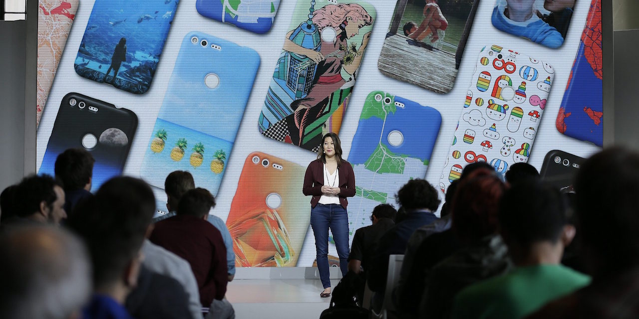 Sabrina Ellis, Google director of product management, talks about the new Google Pixel phone during a product event, Tuesday, Oct. 4, 2016, in San Francisco. Google launched an aggressive challenge to Apple and Samsung introducing its own new line of smartphones called Pixel, which are designed to showcase a digital helper the company calls "Google Assistant." (AP Photo/Eric Risberg)