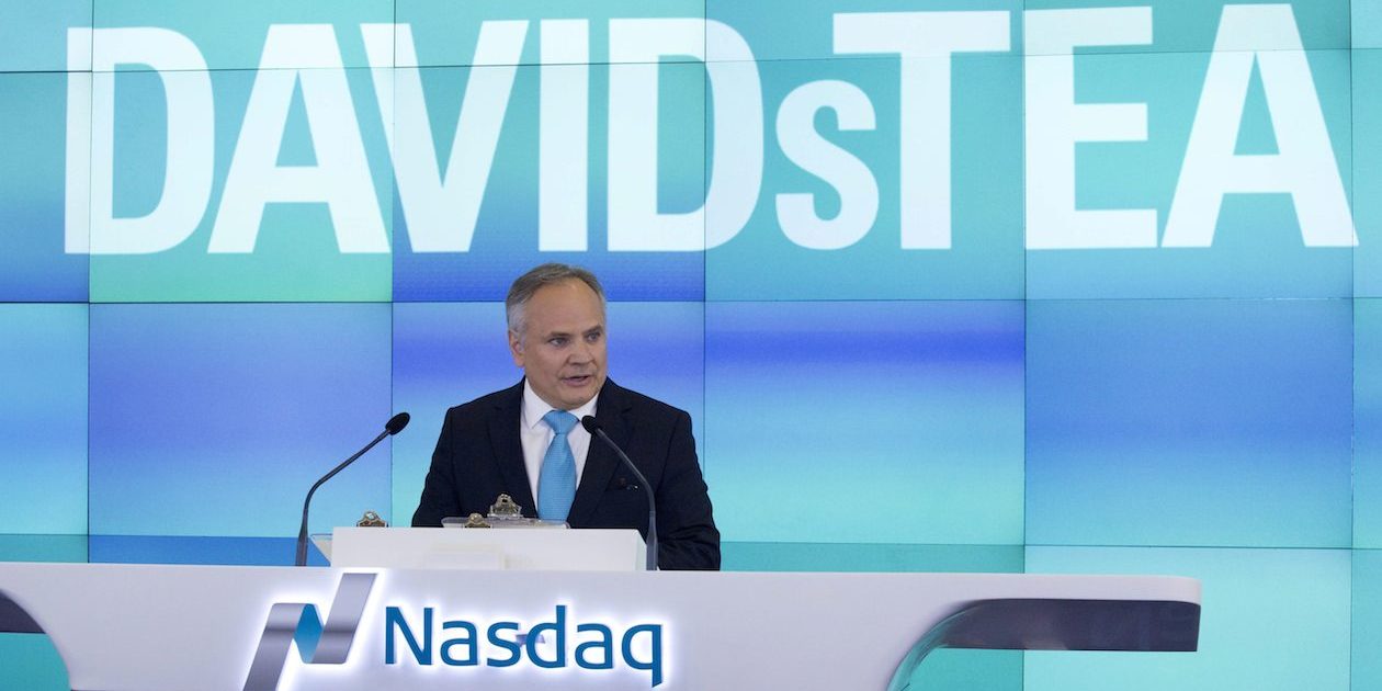 Sylvain Toutant, President and CEO of DavidsTea, speaks during the company's IPO at the Nasdaq MarketSite, Friday, June 5, 2015 in New York. As of Jan. 31, the Montreal-based beverage chain operated 130 locations in Canada and 24 shops in the U.S. (AP Photo/Mark Lennihan)